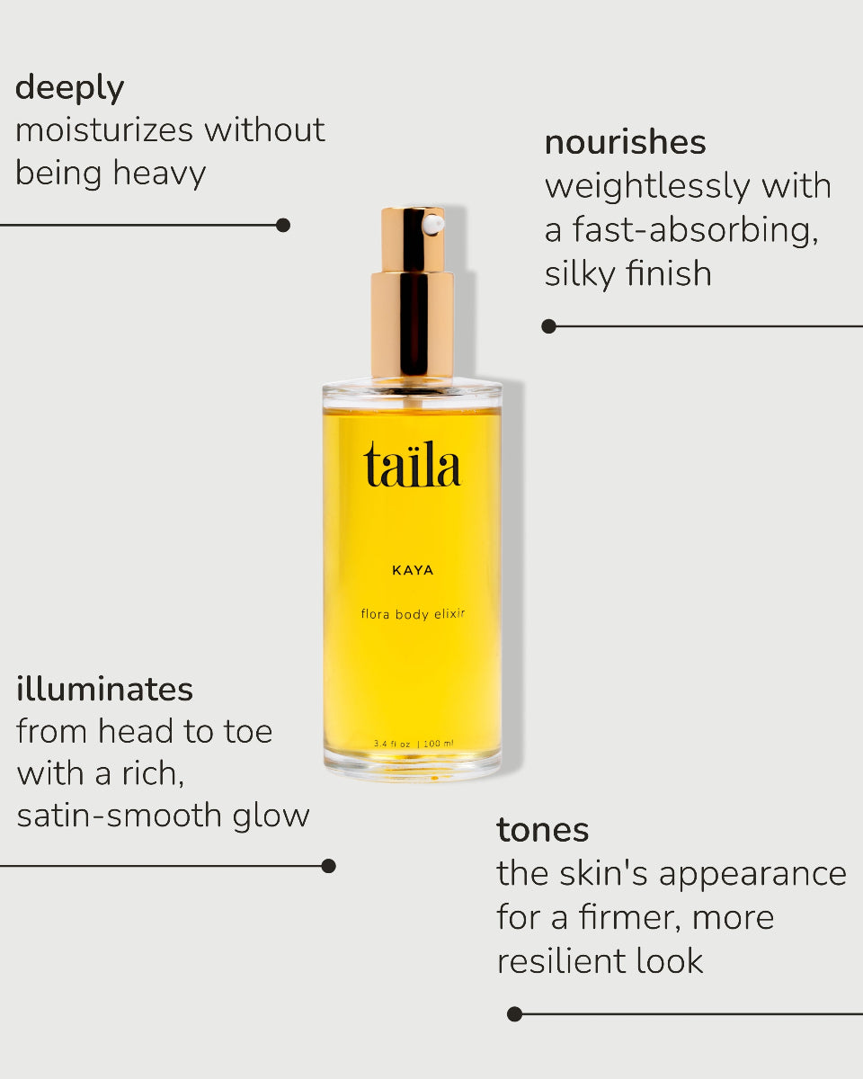 KAYA fLORA body oil elixir by taïla, displaying three benefits of this firming Ayurvedic body oil.