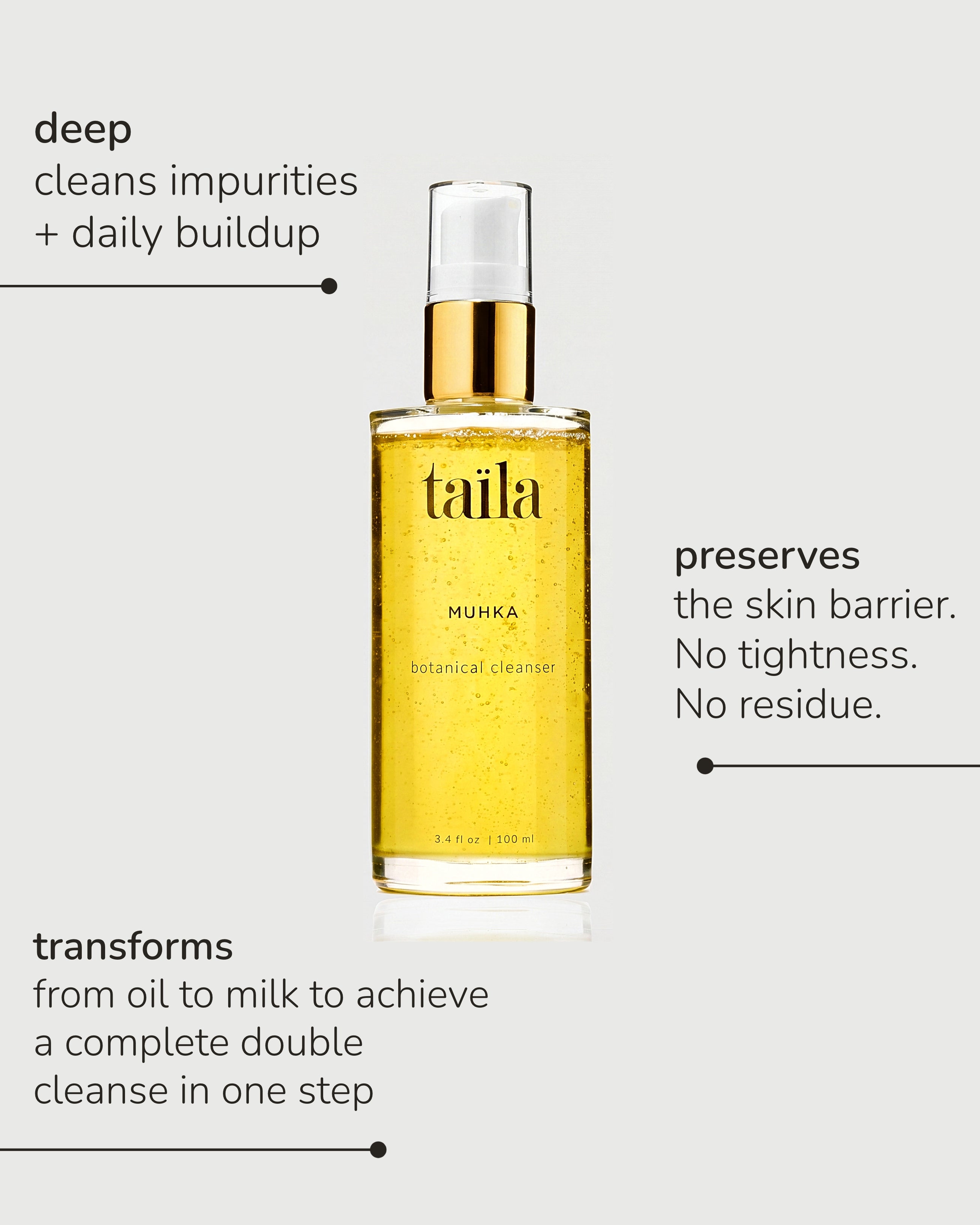 MUHKA botanical oil cleanser by taïla, displaying three skincare benefits as an Ayurvedic makeup remover.