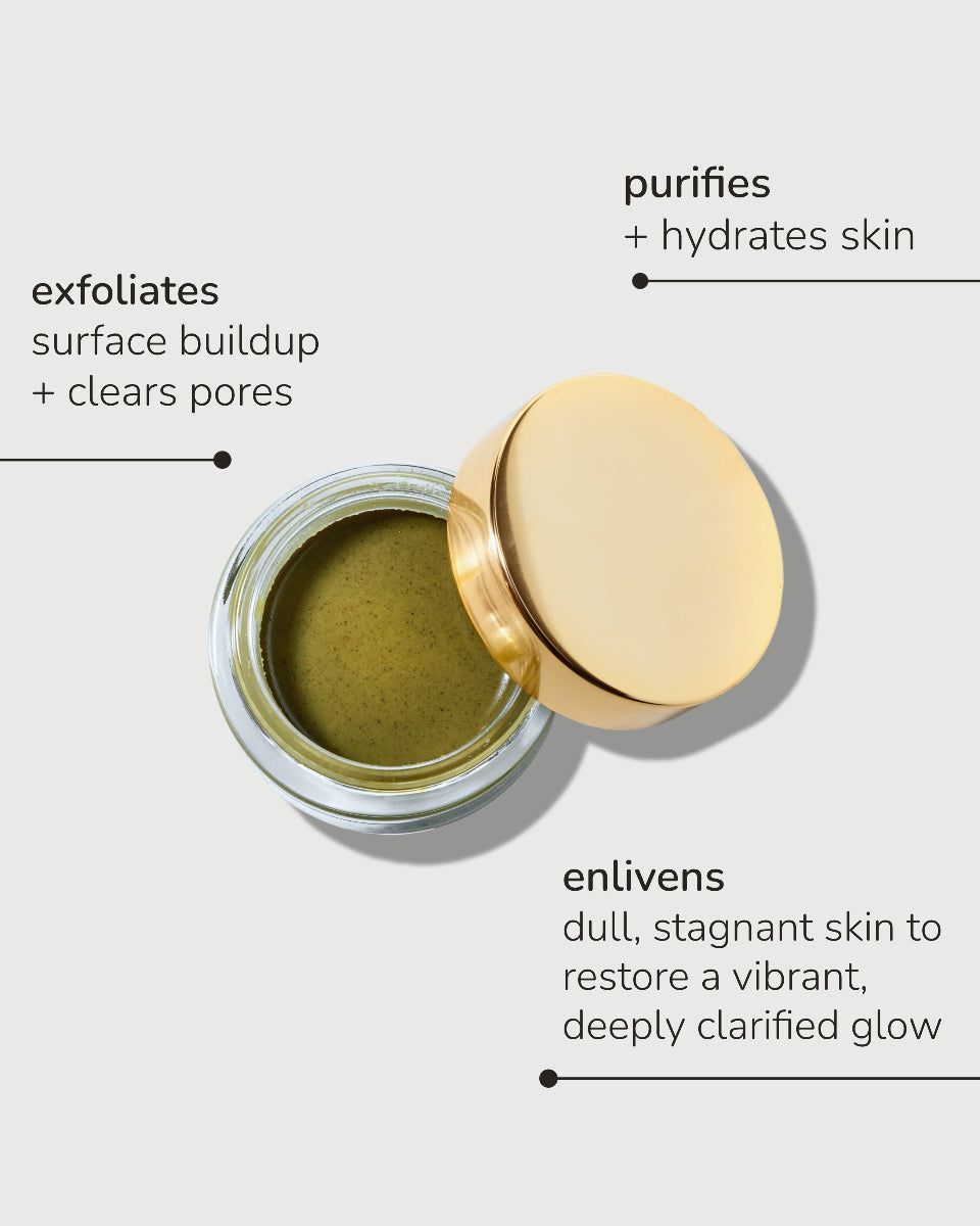 NAVA JUNGOL Face Mask by taïla, showing three benefits of this Ayurvedic pore detox and exfoliating clay mask.