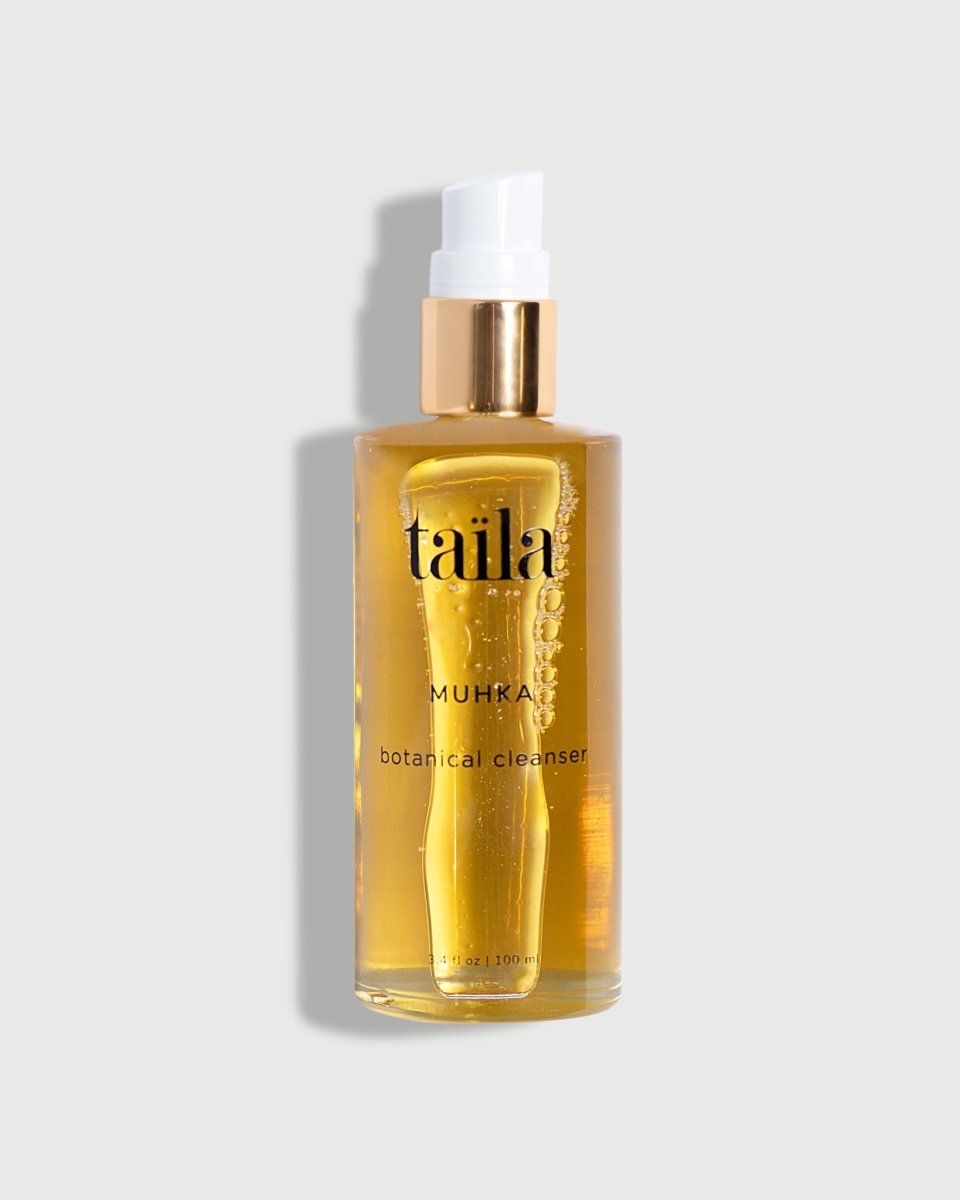 The taïla MUHKA Botanical Oil Cleanser bottle, displayed on a clean white background for an Ayurvedic cleansing routine.