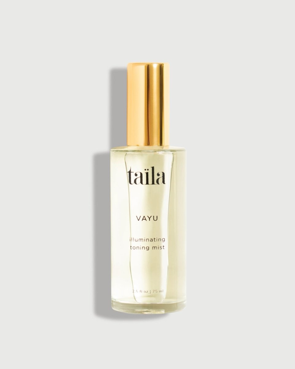 The taïla Vayu Illuminating Toning Mist bottle, displayed on a clean white background for an Ayurvedic skincare routine.