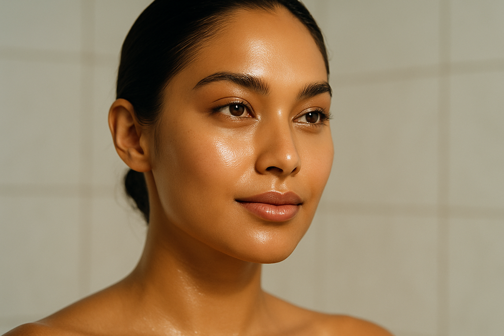 Image of a woman with glowing healthy skin after microneedling treatment. 