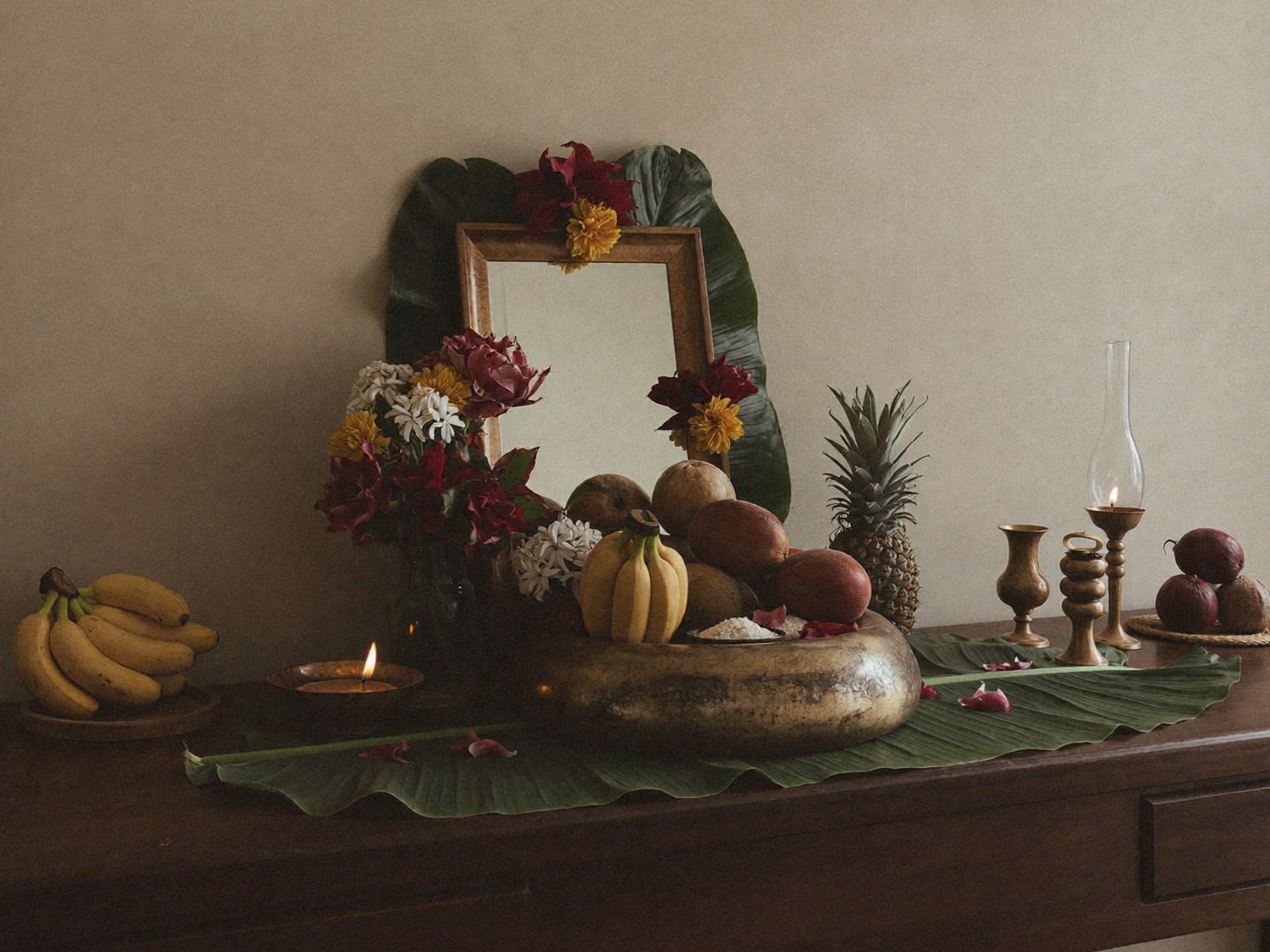 Vishu Kanni arrangement fruits, mirror, oil lamp, Kerala, India