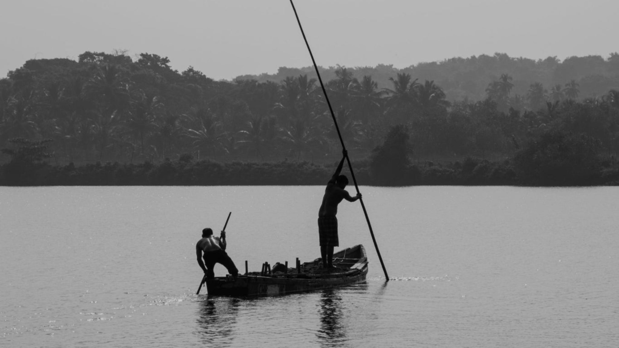A serene, wide shot of two men navigating a traditional wooden boat through the lush, palm-fringed backwaters of Kerala, capturing the timeless landscape that inspires our authentic botanical lineage