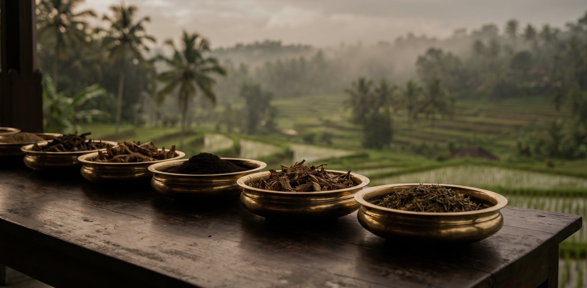 Three traditional Kerala brass urlis resting elegantly, capturing the authentic heritage of ancient Indian plant medicine and the root-to-bottle lineage behind taïla.