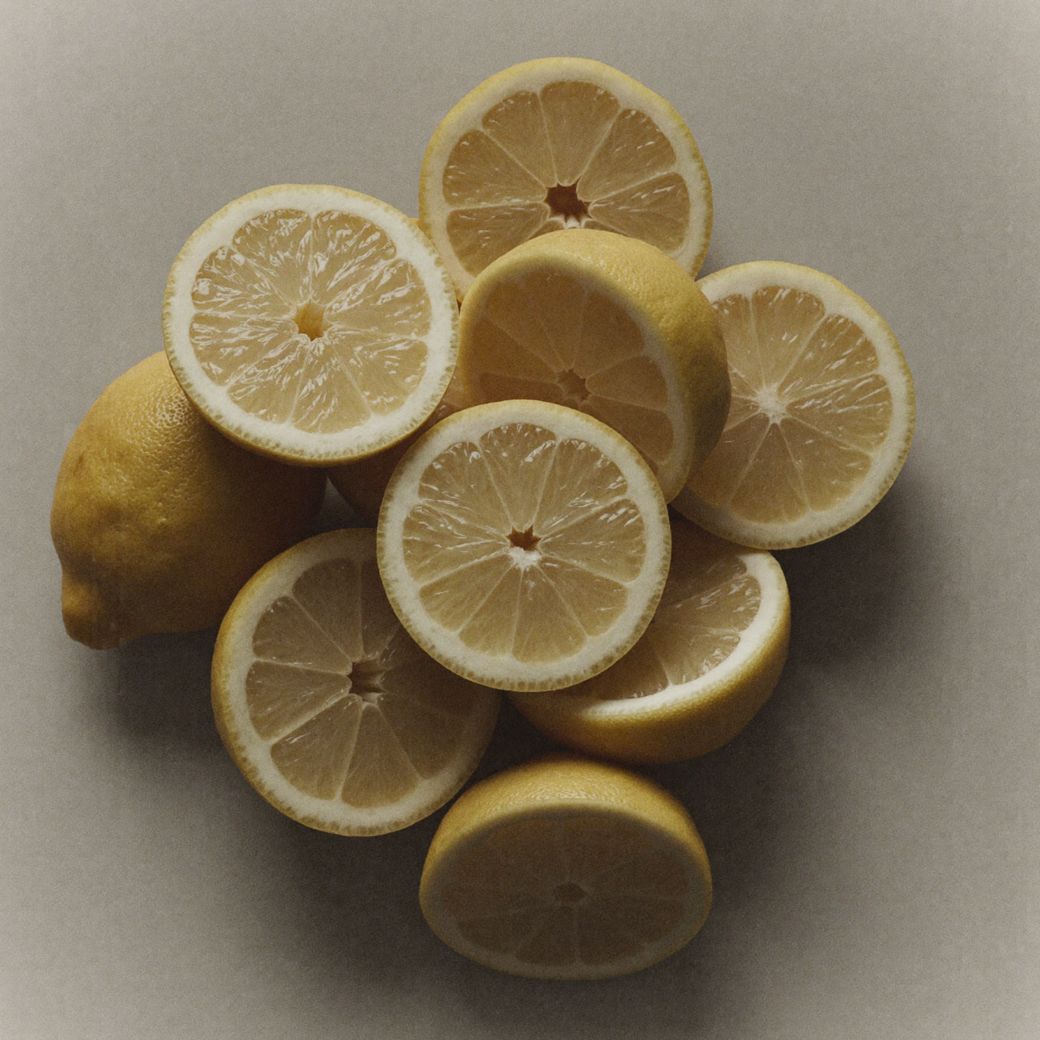Fresh sliced lemon, a vitamin C-rich botanical ingredient used in skincare to brighten dull skin, support a more even-looking complexion, and provide antioxidant protection.