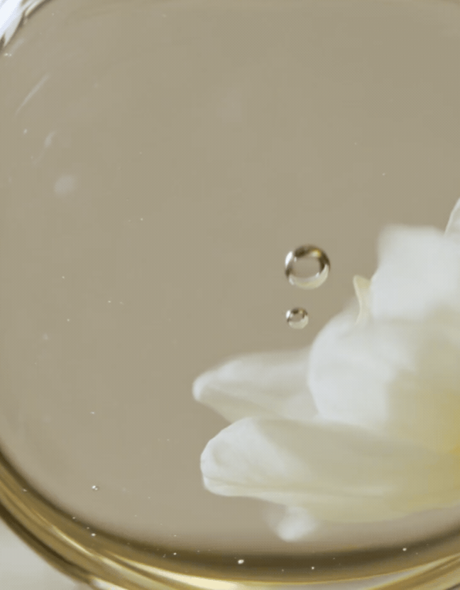 A dynamic GIF showing a single, pristine white botanical flower floating suspended within a golden facial oil beaker, illustrating taila’s precise, independent laboratory formulation process.