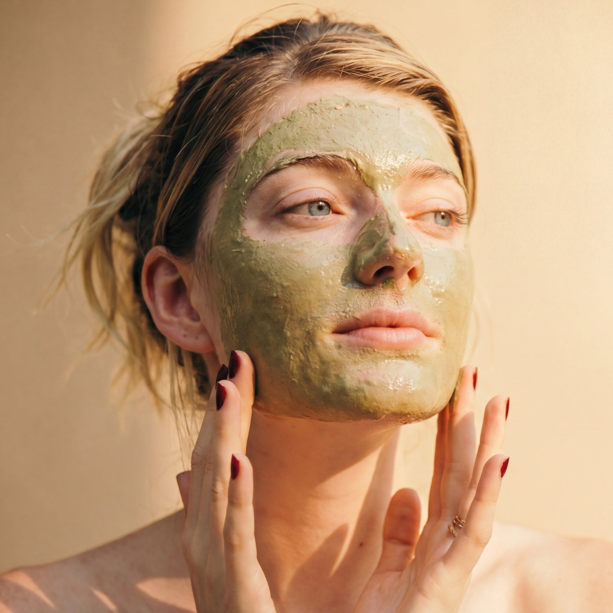 A serene portrait of a woman with the rich, unrefined NAVA JUNGOL Detoxifying Jungle Mask applied evenly to her face, surrounded by lush, vibrant green jungle foliage to evoke the pure, oxygenating power of this enzyme-rich clay and honey treatment.