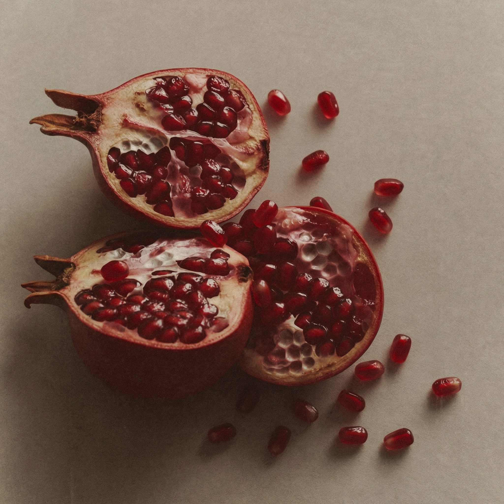 Fresh pomegranate fruit, an antioxidant-rich skincare ingredient known for supporting collagen production and improving the appearance of fine lines.