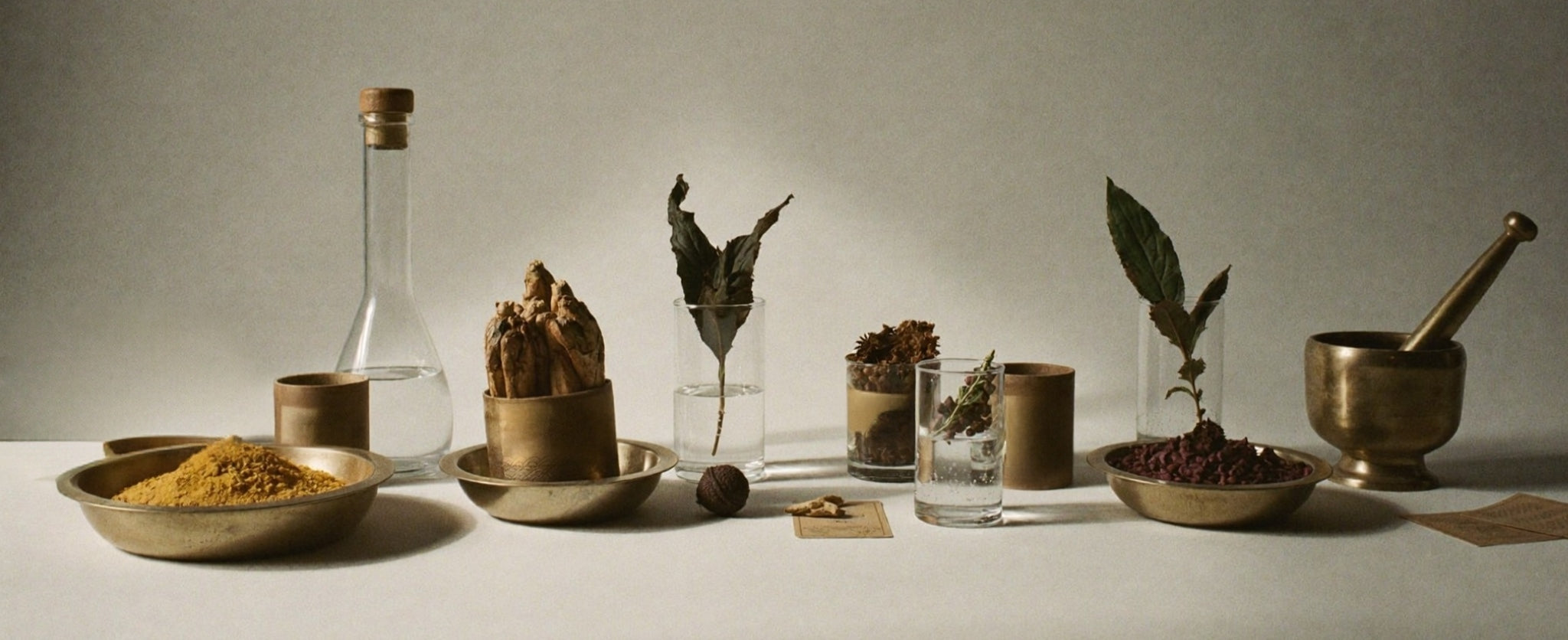 Artisanal glass laboratory beakers and precise instruments surrounded by fresh, raw Ayurvedic botanicals and extracts, showcasing the meticulous in-house formulation process of our luxury skincare.e