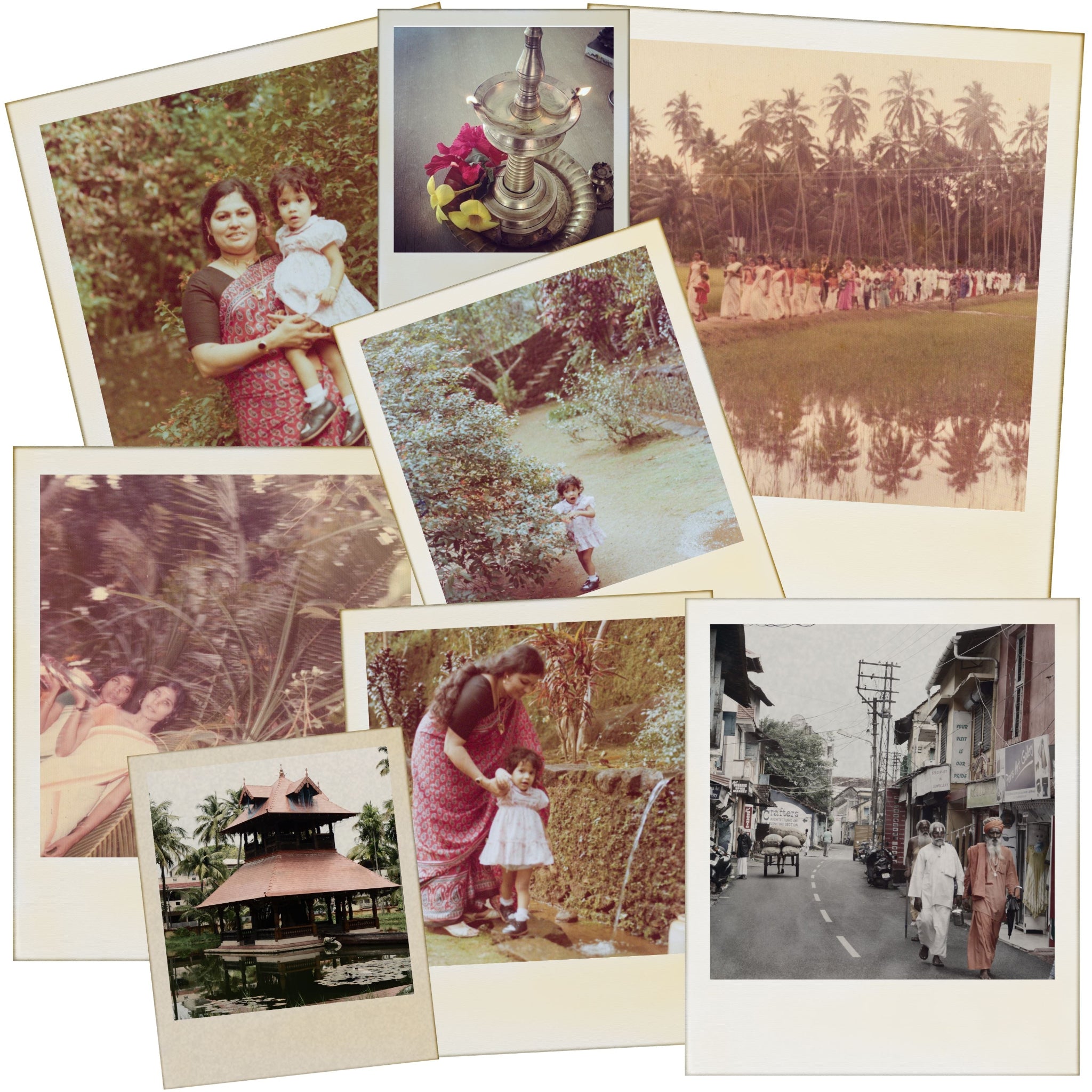 A heritage collage showing the founder's childhood in Kerala, reflecting a lineage of botanical intelligence and traditional plant medicine that inspires her Ayurvedic skin formulations.