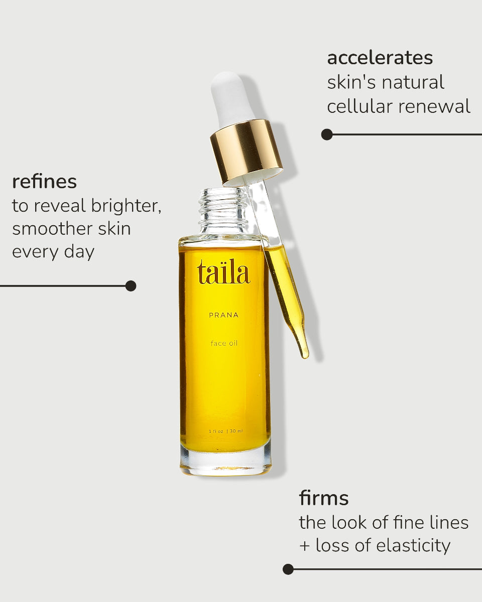 PRANA face oil by taïla, displaying three benefits of this nourishing Ayurvedic botanical facial elixir.