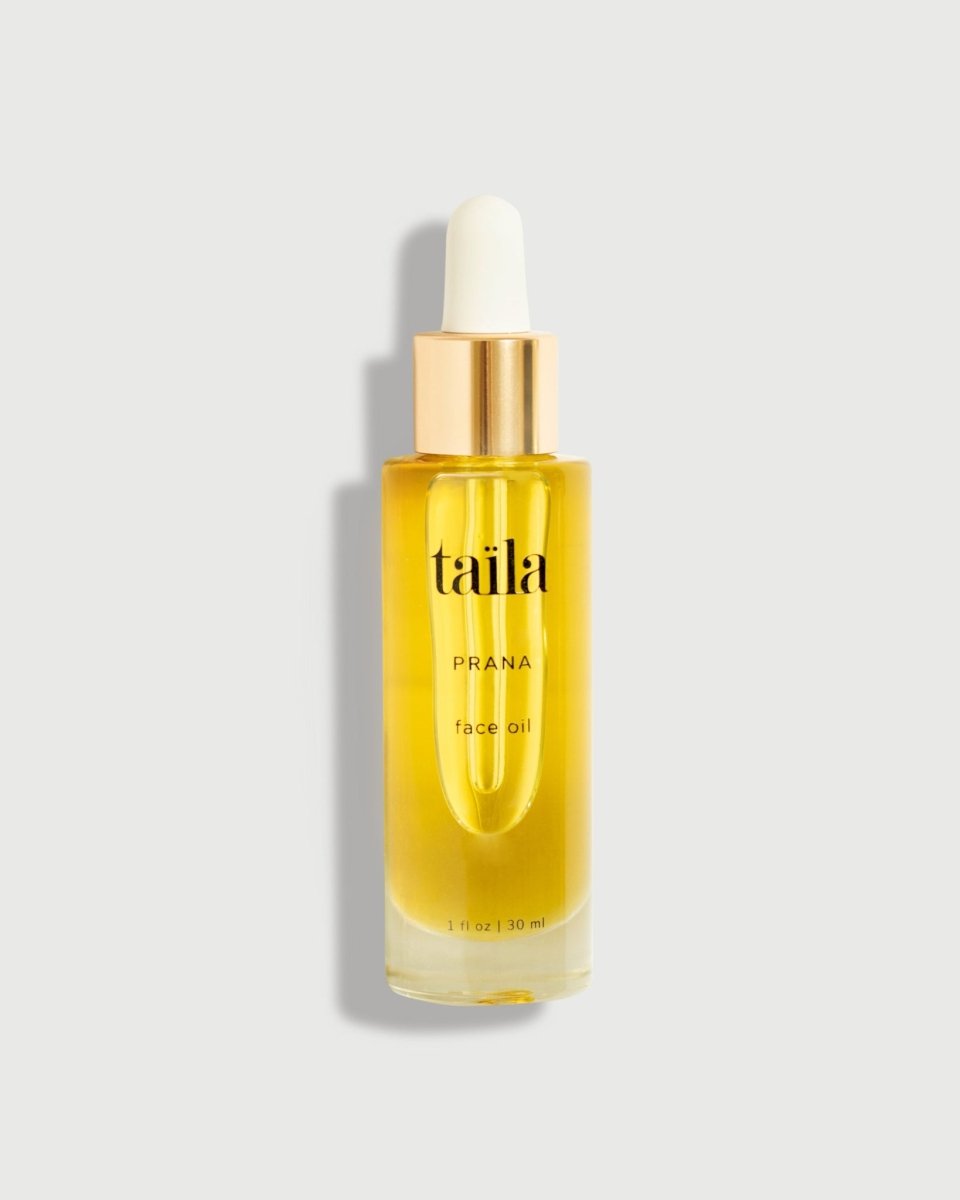 The taïla PRANA Face Oil bottle, displayed on a clean white background for an anti-aging Ayurvedic skincare routine.