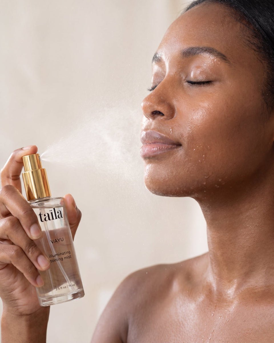 Woman applying taila Vayu Illuminating Toning Mist for natural Ayurvedic hydration, inflammation relief, antioxidant protection and anti-aging skin prep.