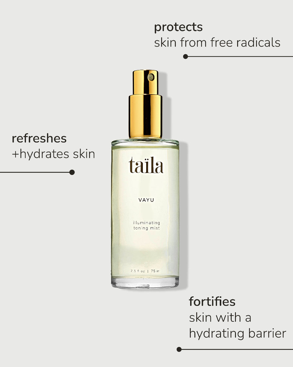 VAYU illuminating toning mist by taïla, showing three benefits of this hydrating Ayurvedic face mist.