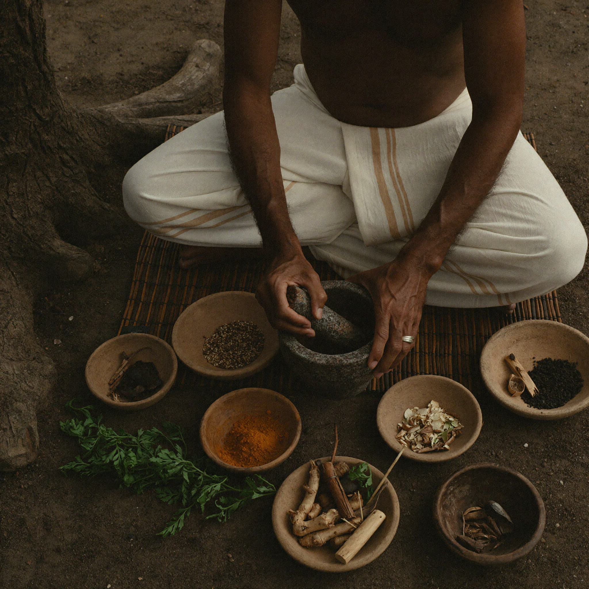 A traditional Ayurvedic Vaidyan seated mindfully on the floor, working directly with raw, unrefined botanical ingredients and herbs to craft a targeted medicinal blend, illustrating the authentic roots of our plant intelligence.
